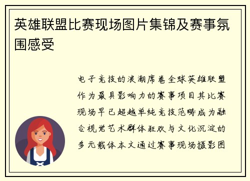 英雄联盟比赛现场图片集锦及赛事氛围感受